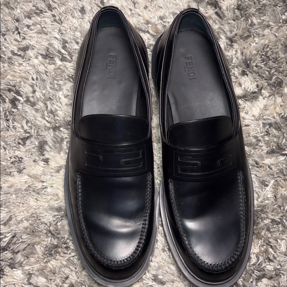 Fendi Black Leather Slip-On Penny Loafers